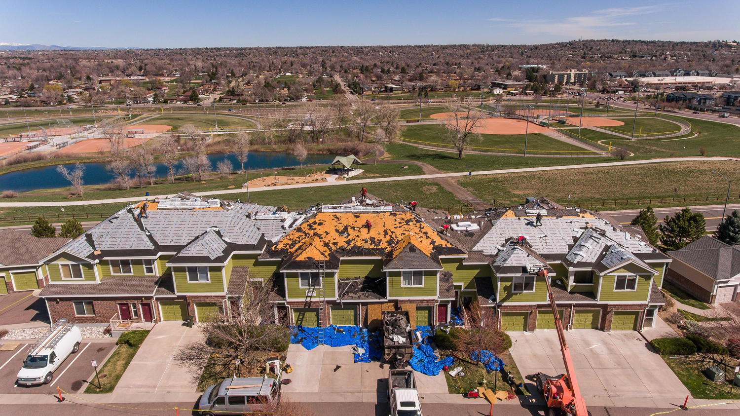 Overhead shot of Skyline Estates Condos with roofing construction