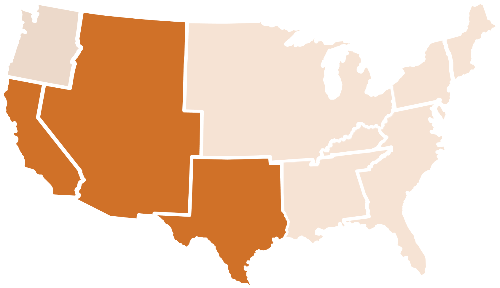 An outline of the United States of America with a the western portion of the country outlined in orange
